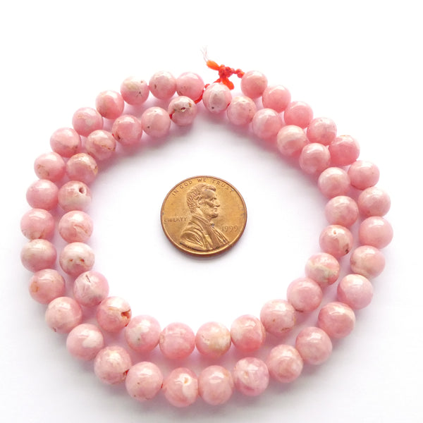 Rhodochrosite, 6mm Round on 16-inch Strand