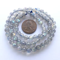 Labradorite, 4.5mm Round Beads, Meidum Grey with Good Fire on 14-inch Strands