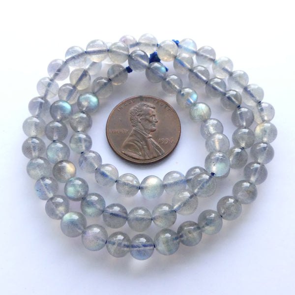 Labradorite, 4.5mm Round Beads, Meidum Grey with Good Fire on 14-inch Strands