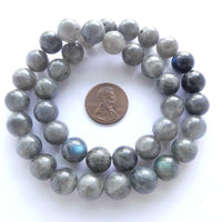 Labradorite, 10mm Round, Dark Color with Low Fire on 16-inch Strand