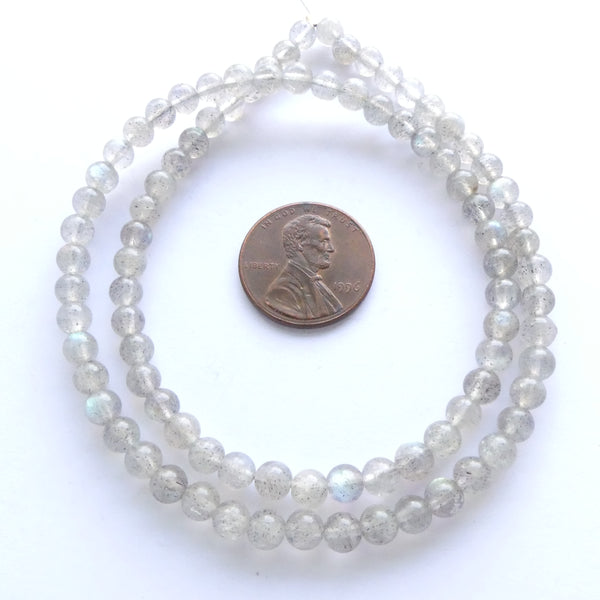 Labradorite, 4mm Round, Very Light Color with Good Fire on 16-inch Strand