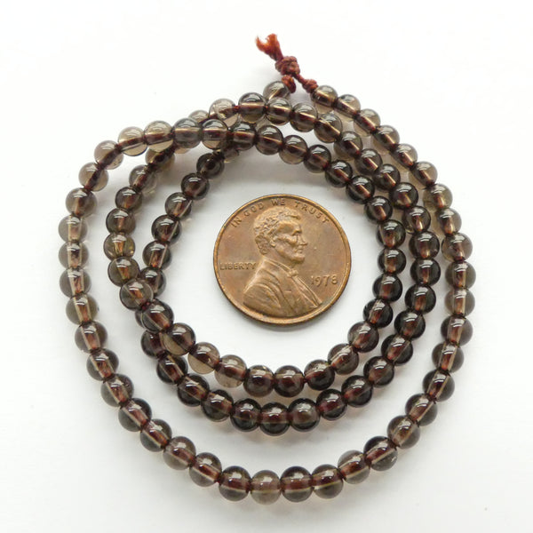 Smoky Quartz, 4mm Round on 16-inch strands