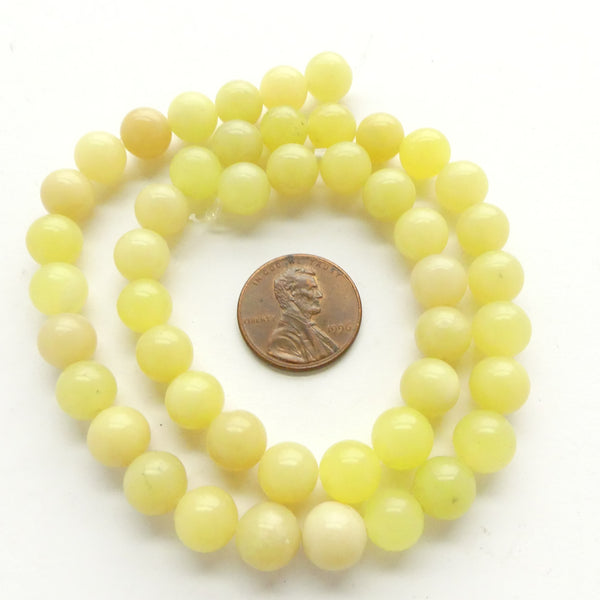 Olive Jade, 8mm Rounds, Light Yellow-Green, on 16-inch Strands