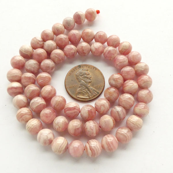Rhodochrosite, 6mm Round on 16-inch Strand