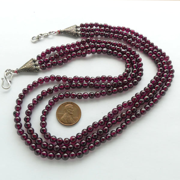 Garnet, Necklace, Three-Strand Indian, 22 inches
