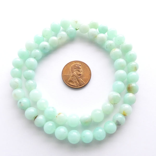 Chrysoprase, 7mm Round, Light Translucent Green on 16-inch Strands