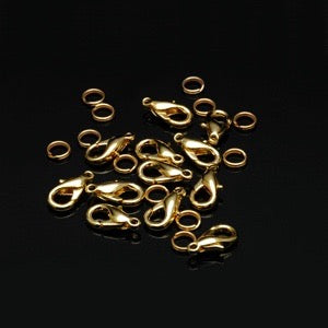 Clasp, Gold Tone, Lobster with Split Rings, 15mm, Set of 12