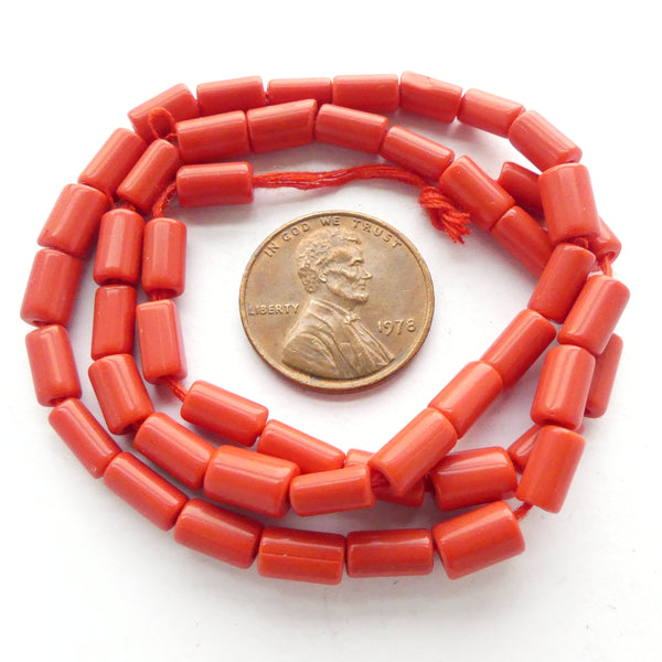 Coral Imitation, Red-Orange Tubular Beads 8x4mm on 15-inch Strand