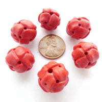 Coral Imitations, Round Chinese Knot Design, 14-15mm Diameter, Sold Individually