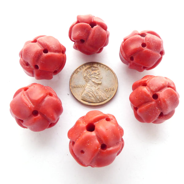 Coral Imitations, Round Chinese Knot Design, 14-15mm Diameter, Sold Individually