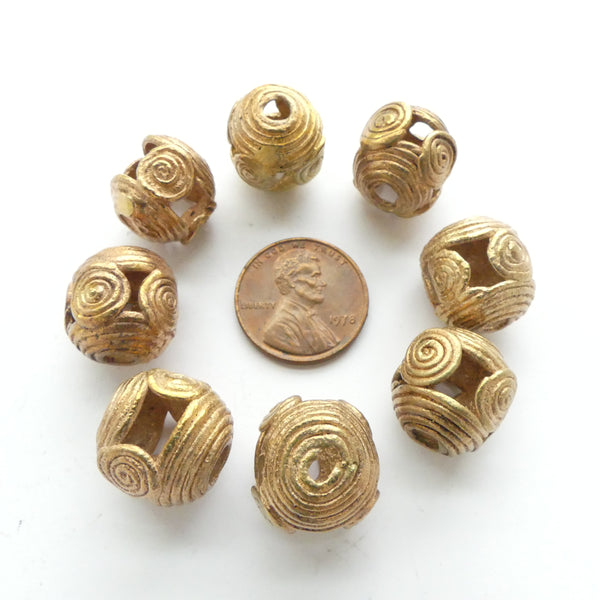 Brass, Lost Wax Cast Medium Round w/Spirals, 15x16mm, Set of 8