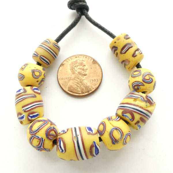 Yellow Antique Venetian Lampwork,  Set of 9 Beads with Red, White & Blue Designs