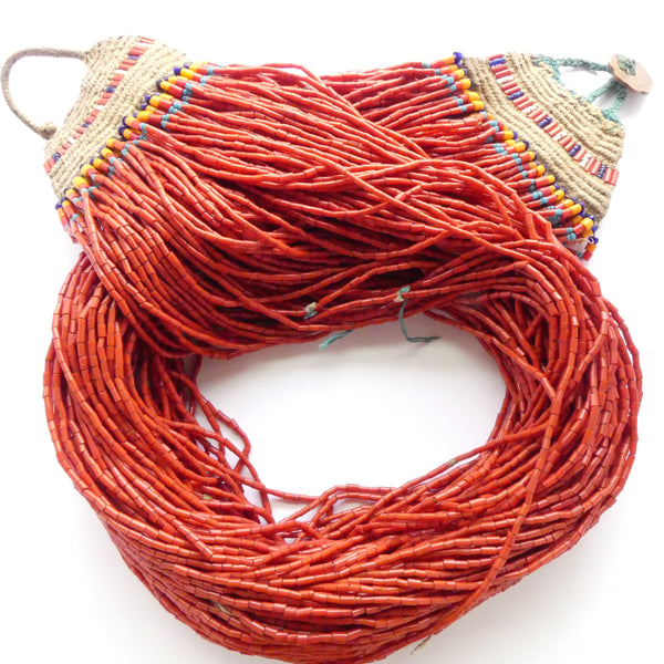 Naga Necklace, 125 Strands of Vintage Red Glass Beads, 32 Inches