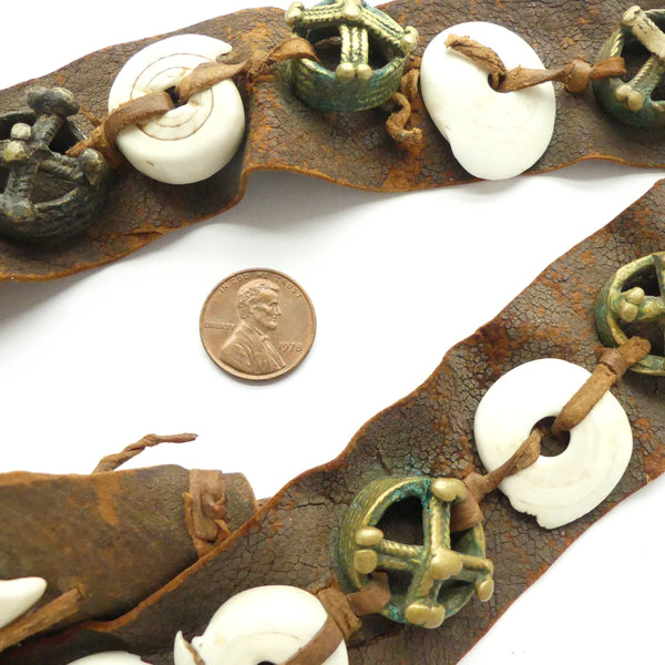 Dogon Belt, Vintage, Leather with Brass Crowns and Shells, 36" Long