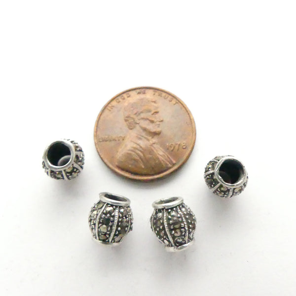 Marcasite and Silver Round Collared Beads, 8x8mm, Set of 4