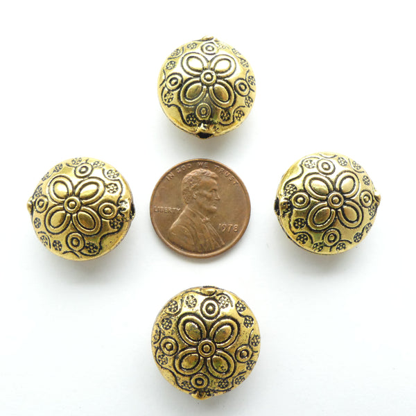 Cast Gold-tone Large Lentil with Flower, 18x10mm, Set of 4