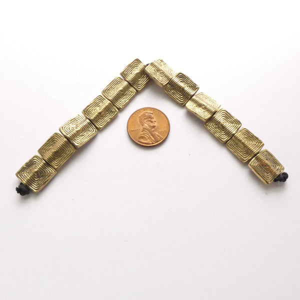 Brass, African Inspired Square Beads, 13x13mm, Textured, on Strands of 12