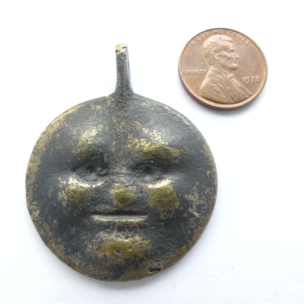 Peruvian, Vintage Moon Face Pendant, Antiqued Brass, 35mm Diameter
