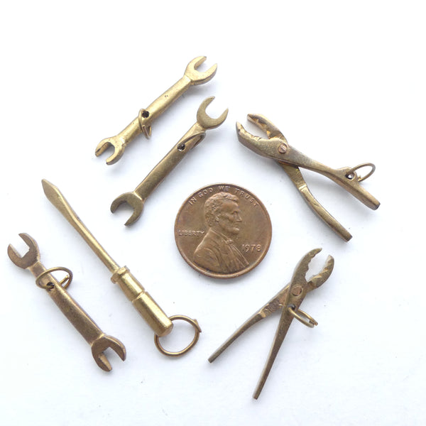 Brass, Mini Tools Charms, Vintage 1950s, Set of 6