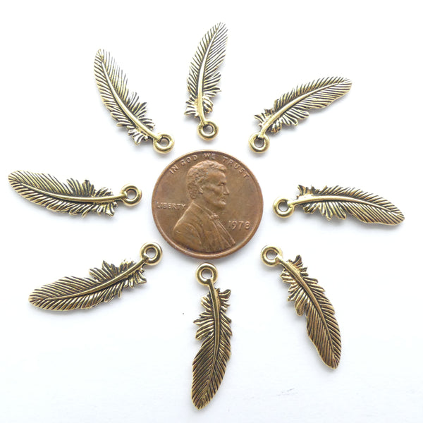 Feather Charms, Antique Gold-plated Pewter, 23mm, Set of 8