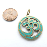 Brass, Om Symbol in a Circle with Turquoise Inlay, 27mm Diameter