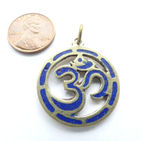 Brass, Om in a Circle Pendant with Lapis Chip Inlay, 27mm Diameter