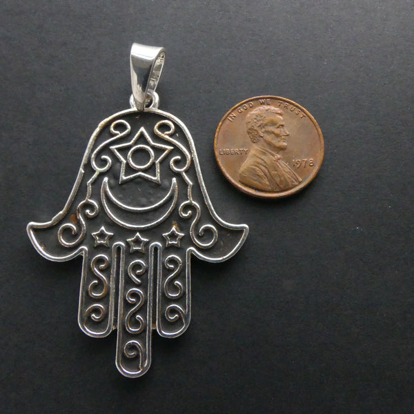 Hamsa/Hand of Fatima Pendants, Silver, 55mm long including bail