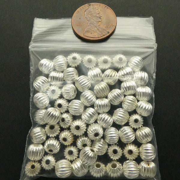Silver-Plated Corrugated Beads, Round 6mm, Packages of 60