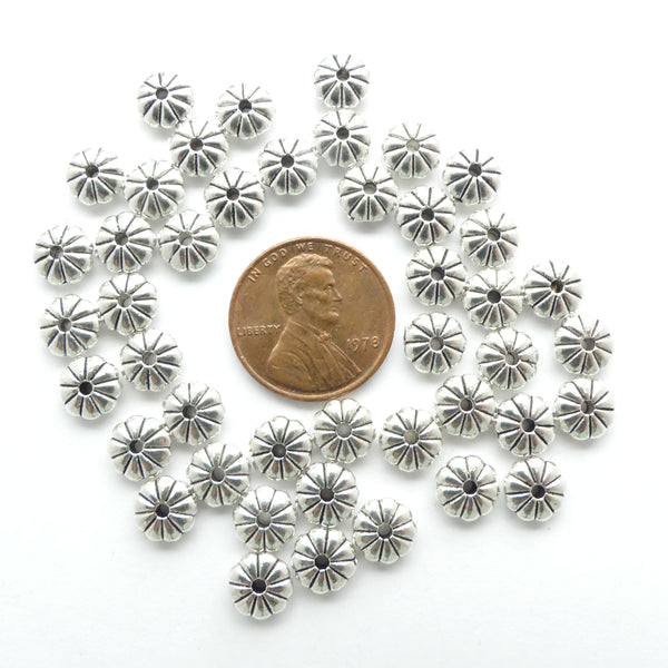 Cast Silver-tone Fluted Rondelles 3x7mm, Set of 50