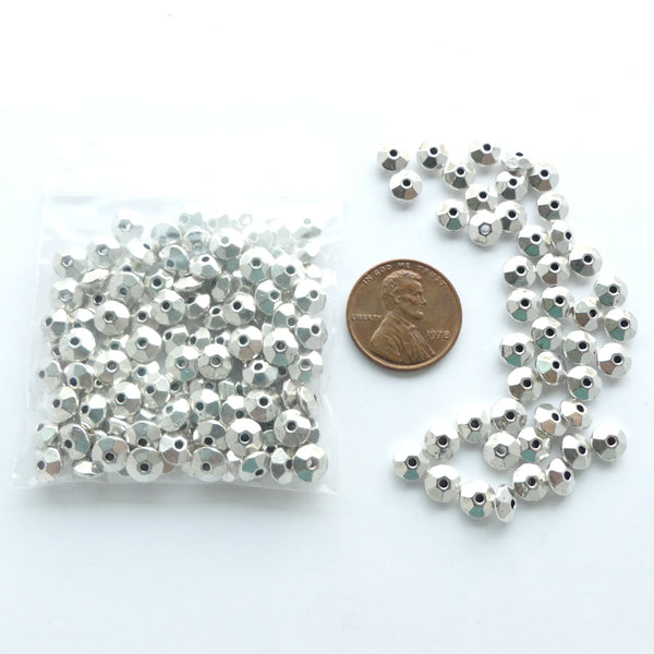 Cast Silver-tone Faceted Rondelles 3x6mm, Pkg of 30 grams