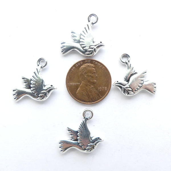 Peace Dove Charm, Cast Silver-plated Pewter, 18mm, Set of 4