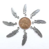 Feather Charms, Cast Silver-plated Pewter, 23mm long, Set of 8