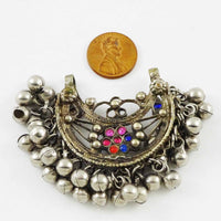 Kuchi, Whte Metal Pendant with Glass "Gems", 2 ¾”x 2”