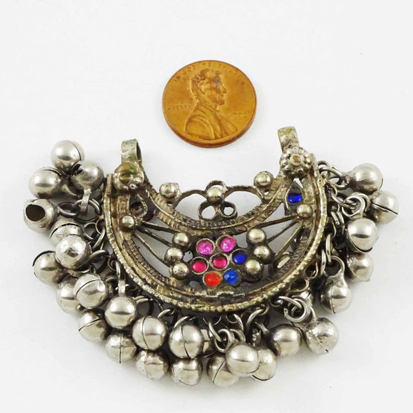 Kuchi, Whte Metal Pendant with Glass "Gems", 2 ¾”x 2”