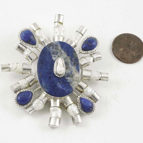 Lapis, Silver & Pearl Pendant by Indian Designer Rajinder Singh, 2.5 inches long