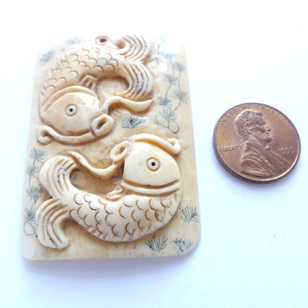 Bone, Pendants with Two Auspicious Koi Fish, 2 inches long