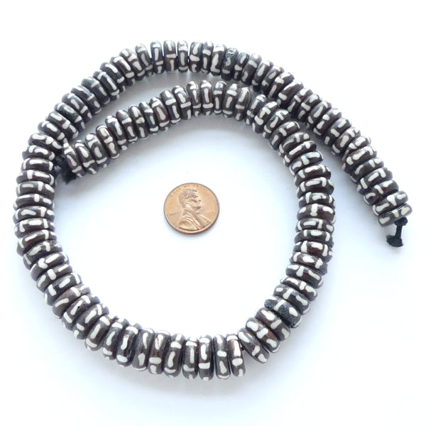 Batik Bone Slices, Dot and Dash Design, 4x12mm on 17.5-inch Strands