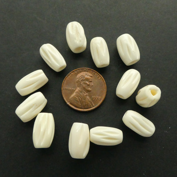 Bone, Cream Barrels with Decorative Grooves, 13x7mm, Set of 12