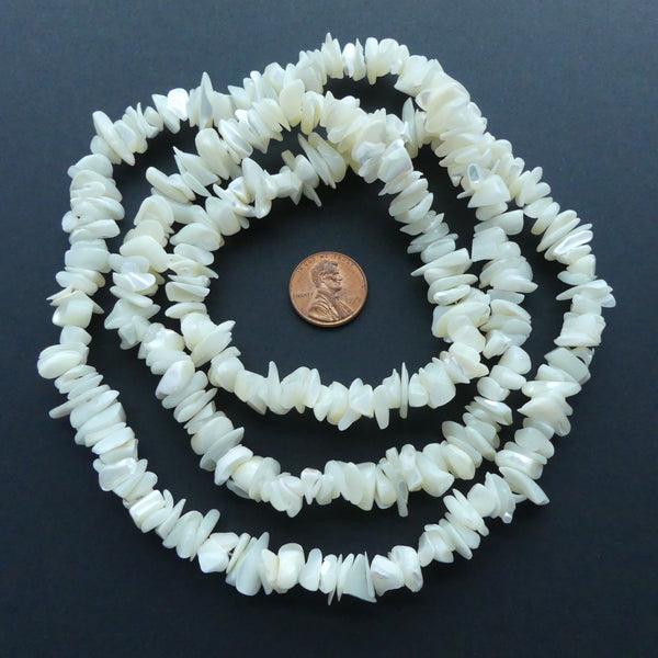 Shell, Mother of Pearl White Chips 10mm on 32" Strands