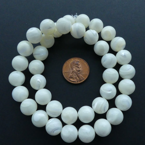 Shell, Mother of Pearl White Rounds 10mm on 16" Strands