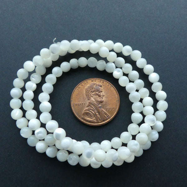 Shell, Mother of Pearl White Rounds 4mm on 16" Strands
