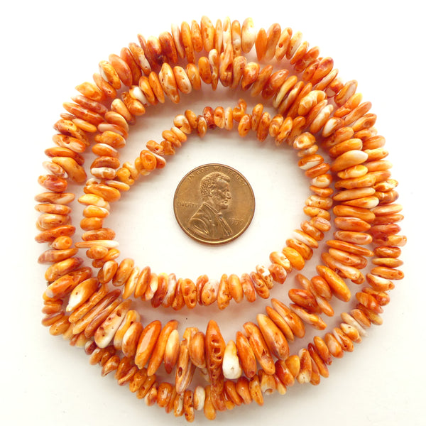 Spondylus (Thorny or Spiney Oyster) Shell Chips, Orange, Graduated 4-10mm on 22-inch Strands
