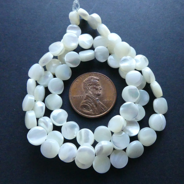 Mother of Pearl, White, Flat Circles, 6mm Diameter on 16-inch Strands