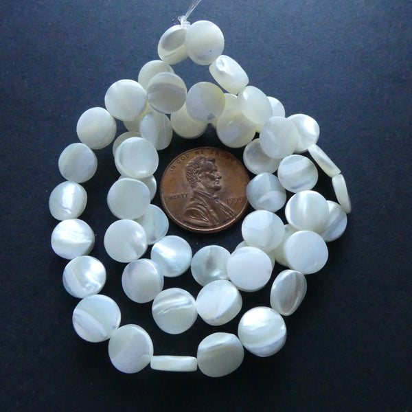 Mother of Pearl, White, Flat Circles, 8mm Diameter on 16-inch Strands