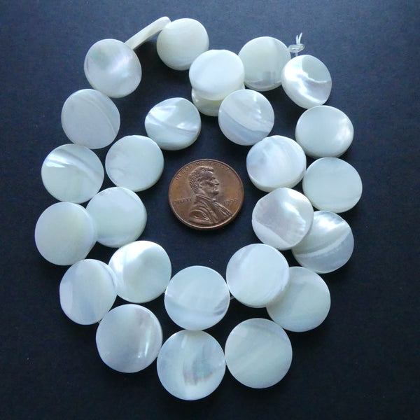 Mother of Pearl, White, Flat Round, 15mm Diameter on 16-inch Strands