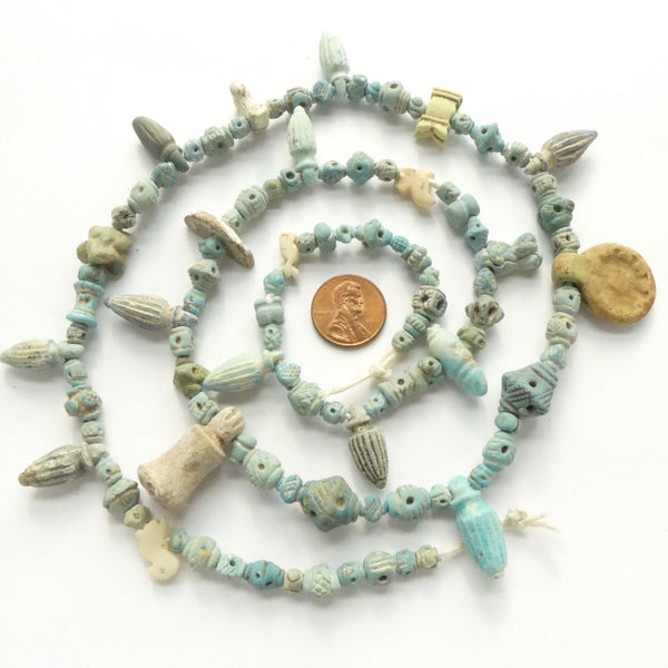 Ancient Faience, from Persia, Long Strand with 112 Beads Many wonderful Shapes