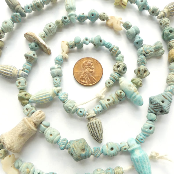 Ancient Faience, from Persia, Long Strand with 112 Beads Many wonderful Shapes
