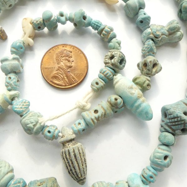 Ancient Faience, from Persia, Long Strand with 112 Beads Many wonderful Shapes
