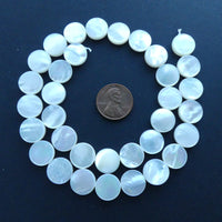 Shell, Mother of Pearl White Coins 12mm Diameter on 16" Strands