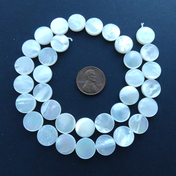Shell, Mother of Pearl White Coins 12mm Diameter on 16" Strands